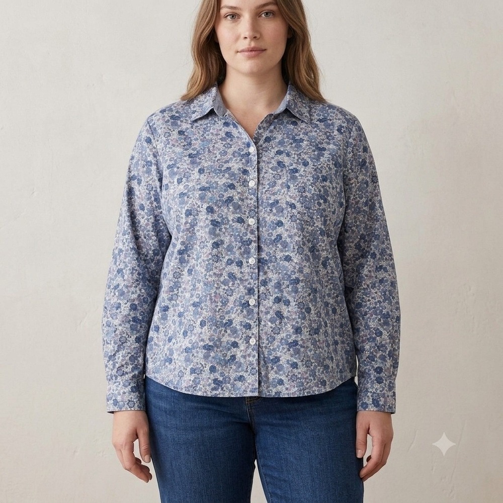 Womens Floral Button Down‎ Shirt Blue Purple Cotton Pocket Croft & Barrow XL